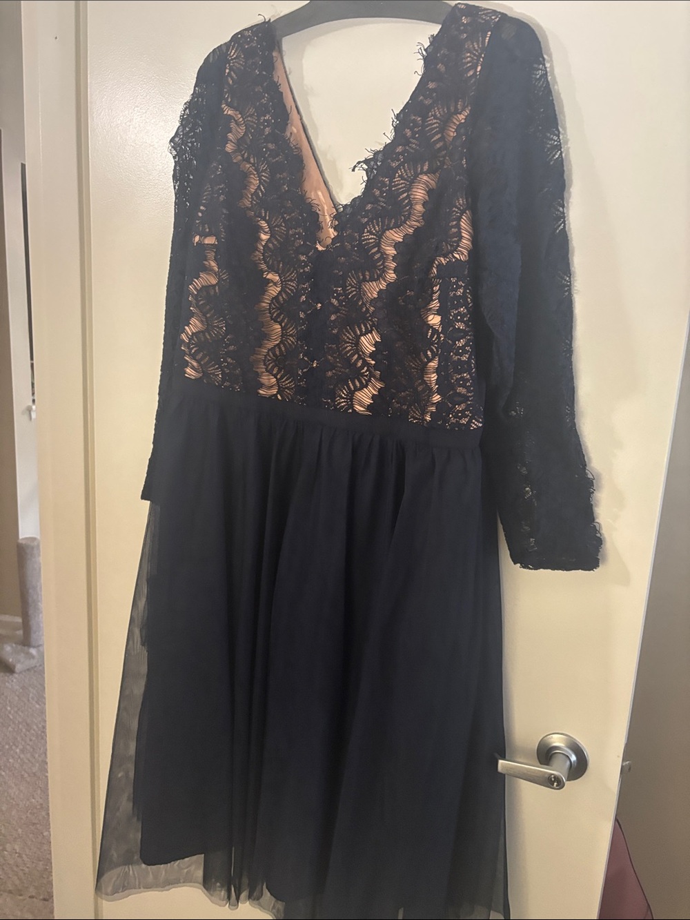 Avenue Black Lace with Nude Underlay Long Sleeve Tulle Dress